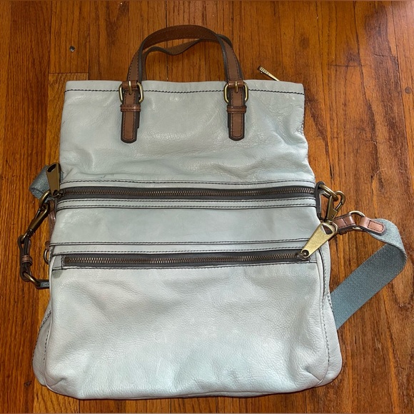 FOSSIL EXPLORER FOLD OVER LIGHT BLUE LEATHER SHOULDER TOTE HANDBAG ZB5258 - Picture 11 of 11